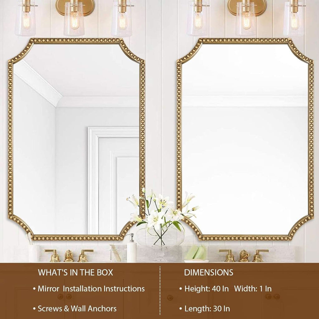 30 X 40 Inch Wall Mirror With Antique Gold Beaded Frame